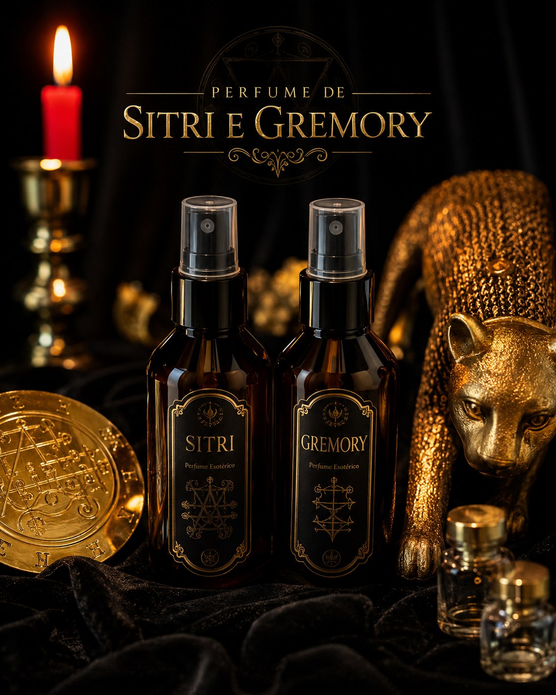Perfumes de Sitri e Gremory em cenário ritualístico preto, vermelho e dourado