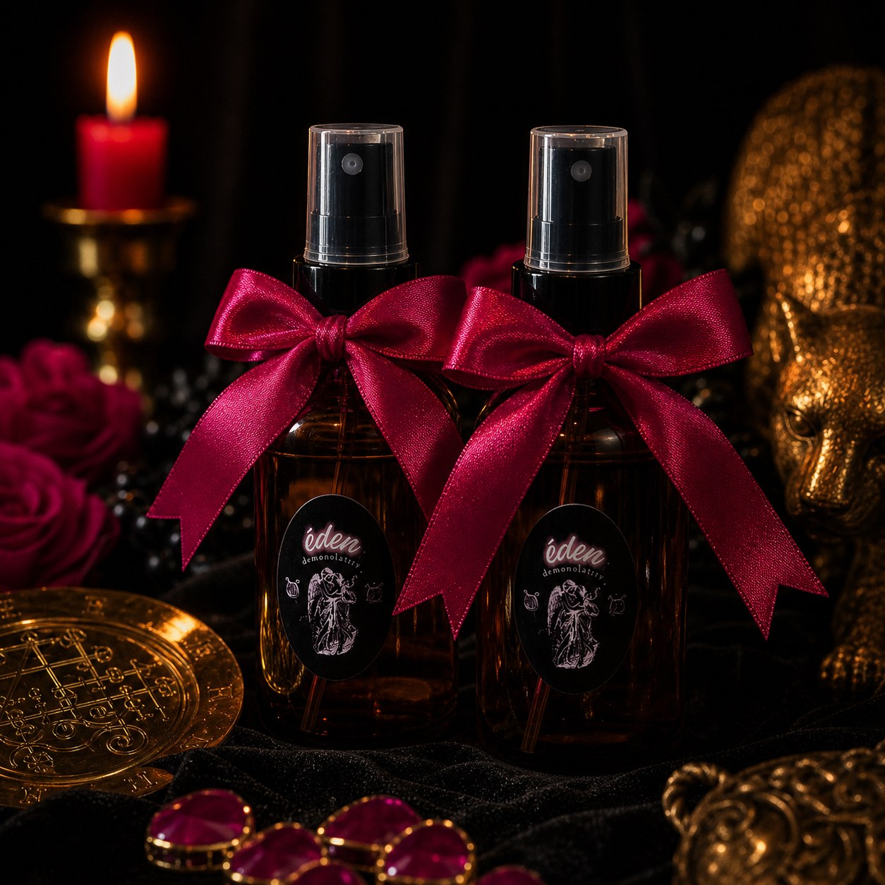 Frascos de perfume de Sitri com laços magenta em cenário ritualístico